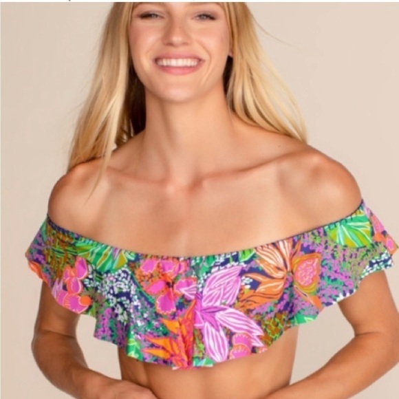 Trina Turk Tropical Escape Floral Bandeau Off Shoulder Ruffle Bikini top Size 12 - Picture 1 of 6